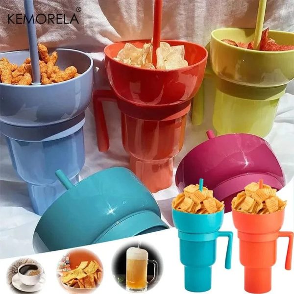 Creative 2-in-1 Popcorn Snack and Beverage Cup with Straw and Handle For Discount